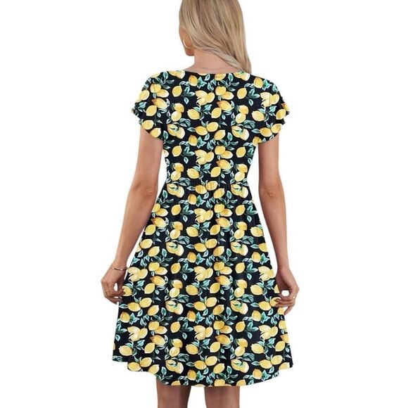 WNEEDU Summer Dress Size Large Black Yellow Lemon Print Cap Sleeves Pockets - Picture 5 of 8